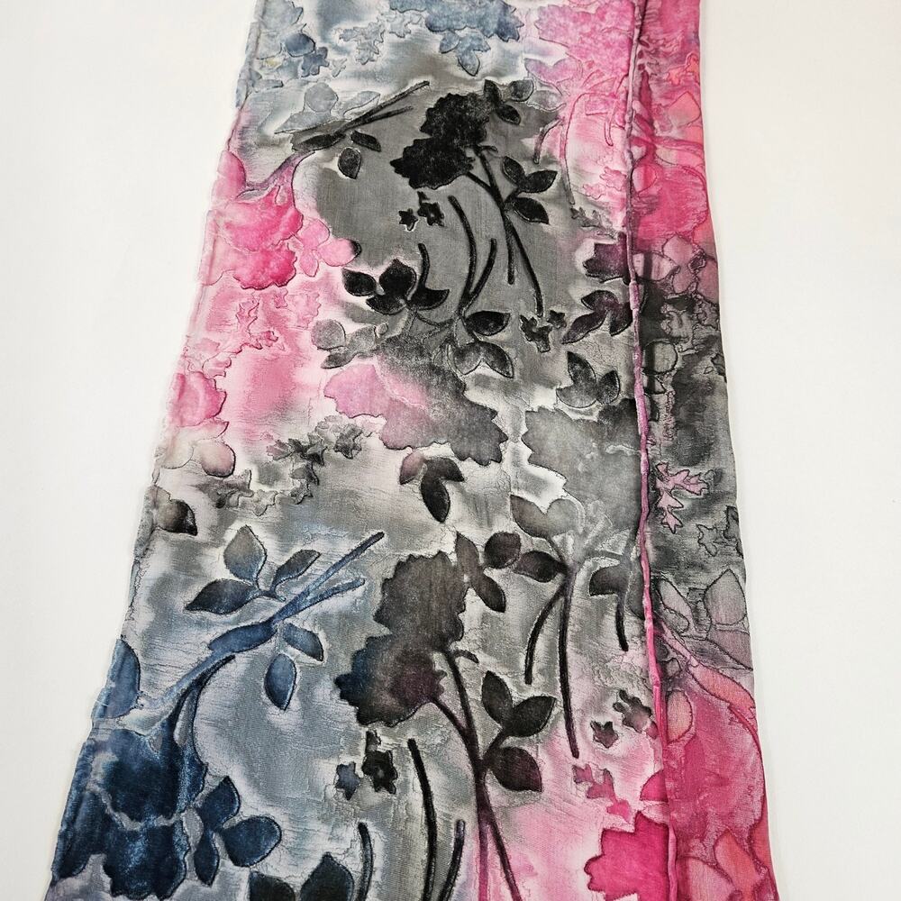 Y2k Velvet Burnout Scarf Pink Black Festival Wear Boho Fringe - Picture 4 of 5